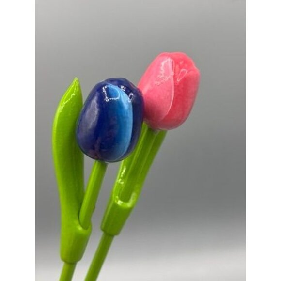 Wooden Tulip Flowers Blue & Pink With Green Stems Decor - Picture 2 of 4